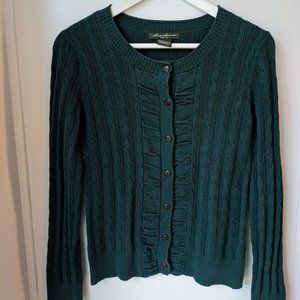 Eddie Bauer green ruffle cable knit cardigan